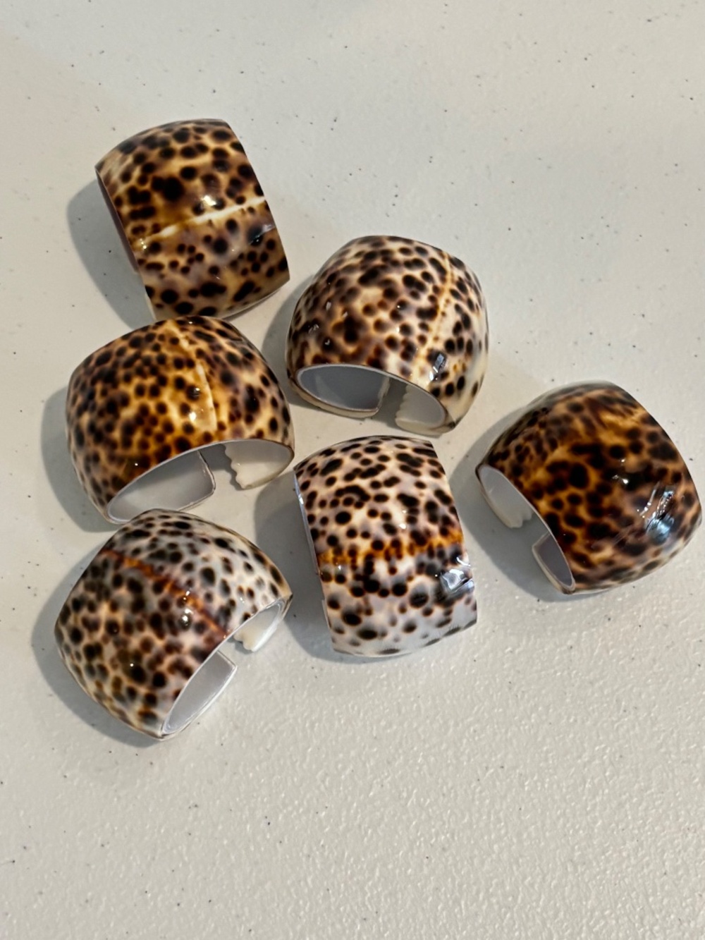 Vintage tiger cowrie seashell SET OF SIX Napkin Rings black brown beach house